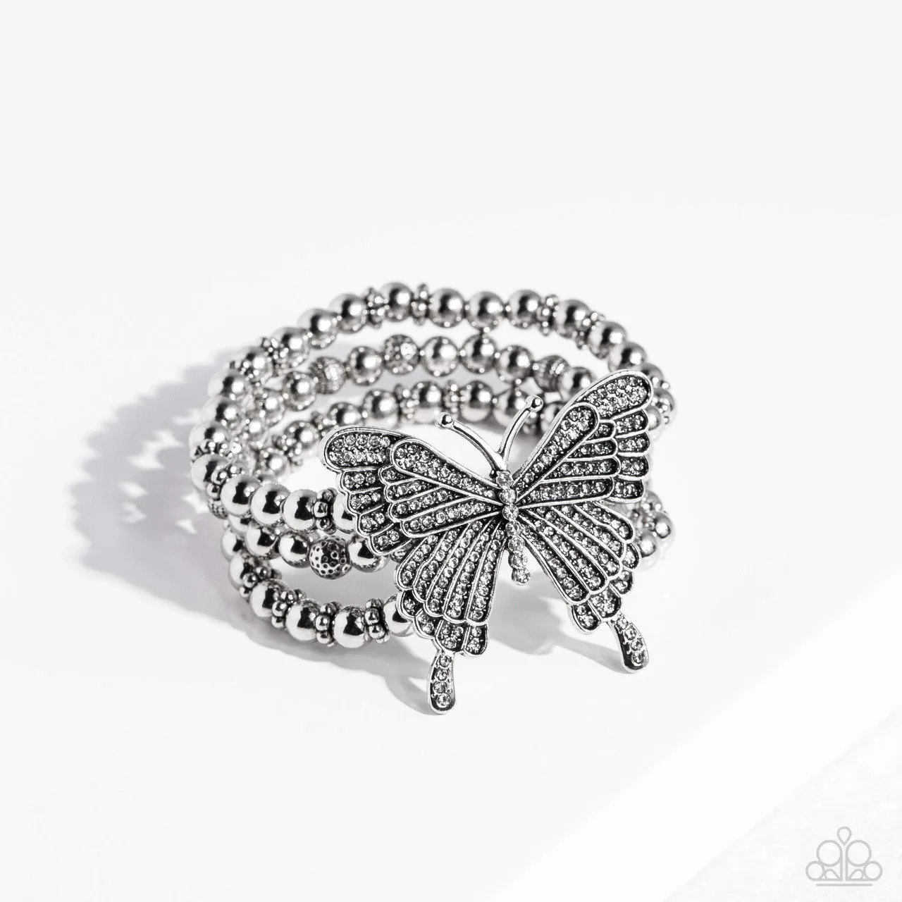 First WINGS First - White - Oversized Rhinestone Butterfly Paparazzi Stretchy Bracelet - 2023 Empower Me Pink Exclusive
