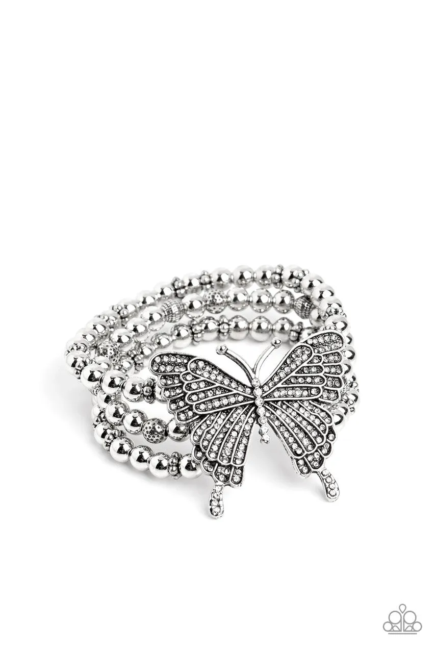 First WINGS First - White - Oversized Rhinestone Butterfly Paparazzi Stretchy Bracelet - 2023 Empower Me Pink Exclusive