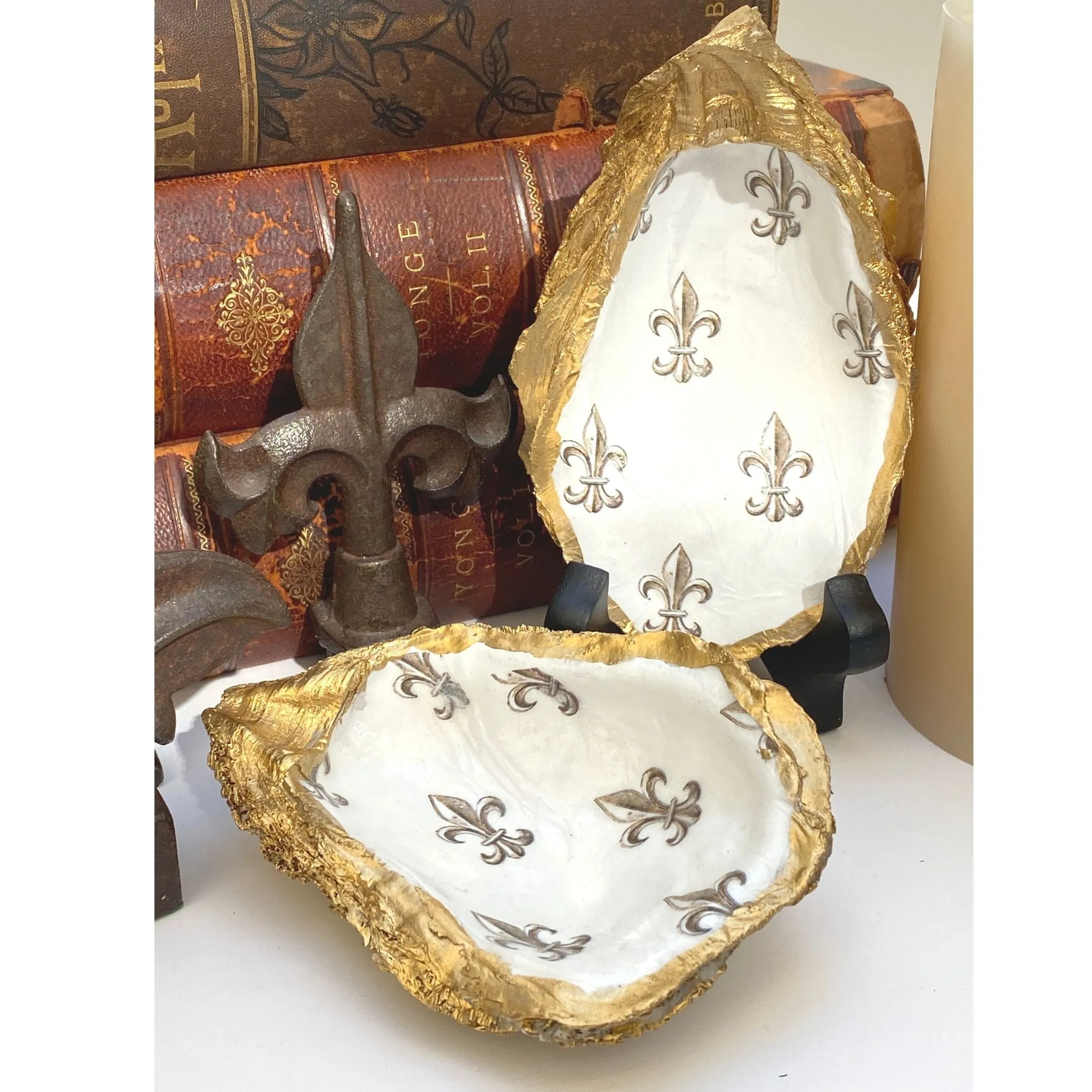 Fleur de lis Handcrafted Oyster Shell Art | Ring Dish