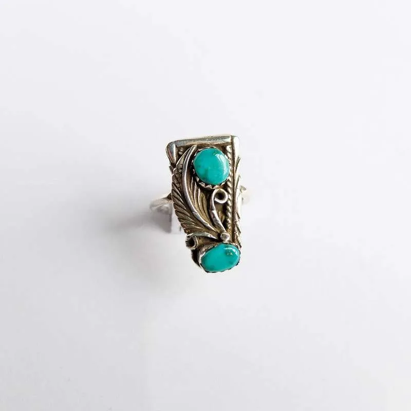 Floral Setting Rectangular Turquoise Ring Size 5