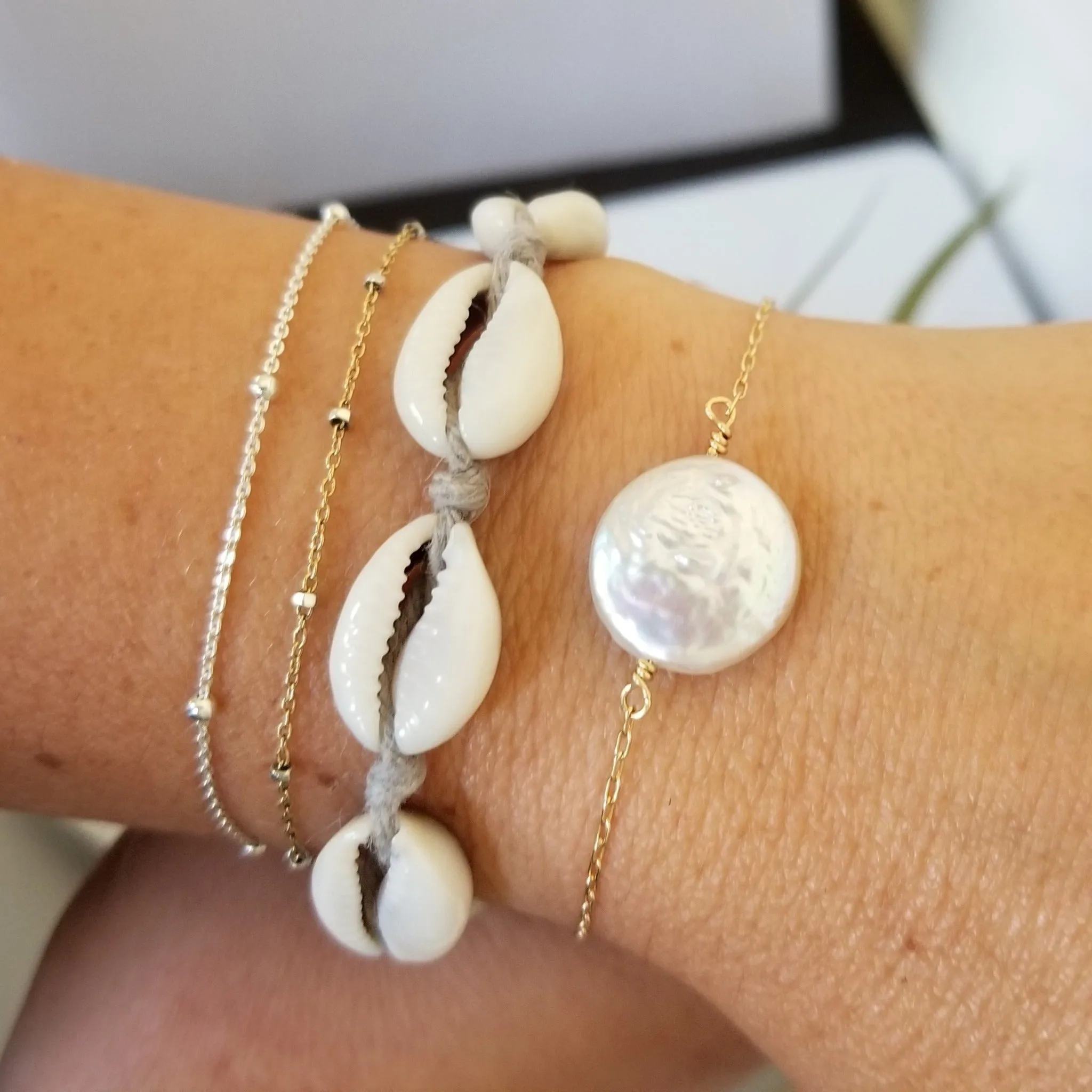 Freshwater Pearl or Herkimer Diamond Chain Link Bracelet - Sterling Silver, Gold, or Rose Gold