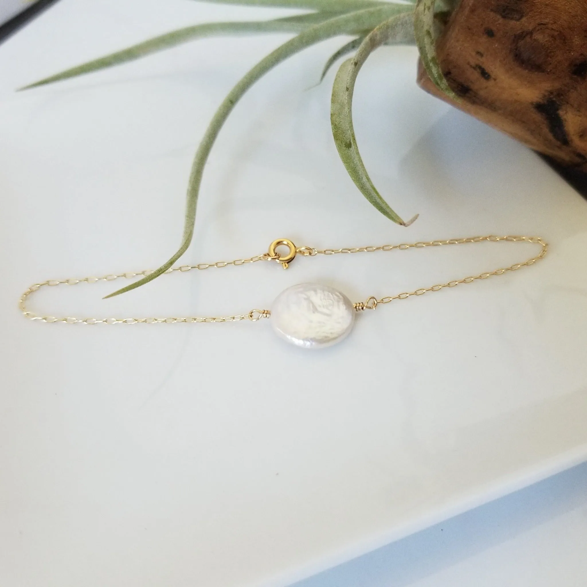 Freshwater Pearl or Herkimer Diamond Chain Link Bracelet - Sterling Silver, Gold, or Rose Gold