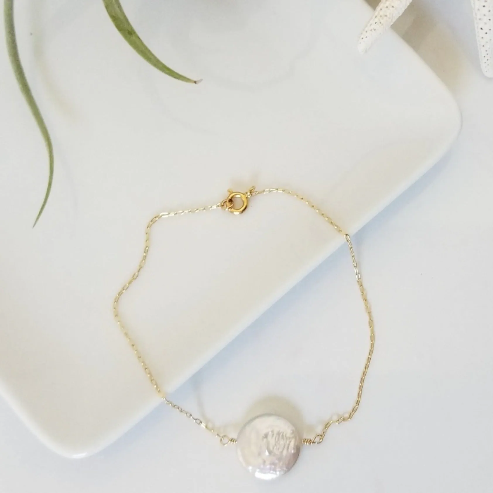 Freshwater Pearl or Herkimer Diamond Chain Link Bracelet - Sterling Silver, Gold, or Rose Gold