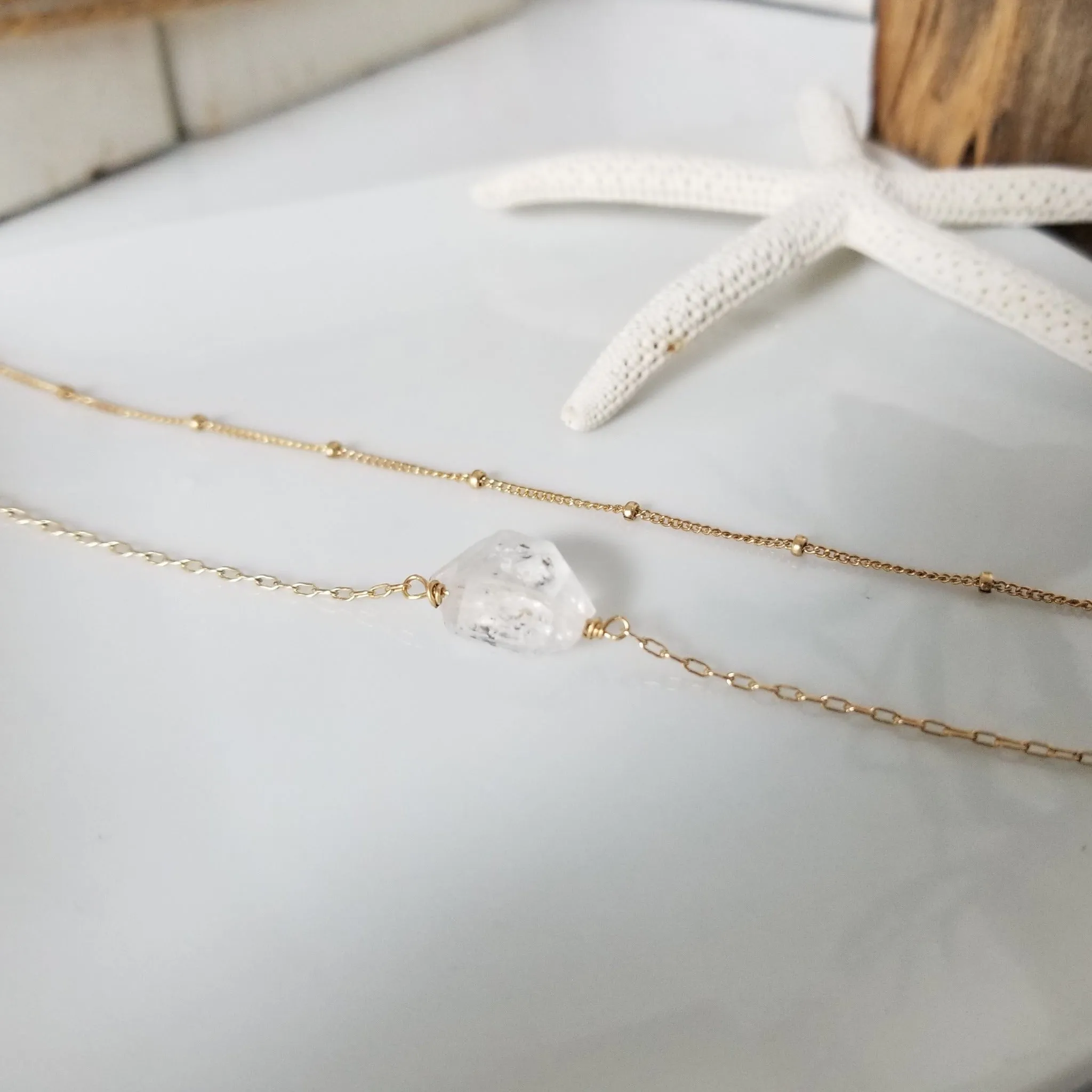 Freshwater Pearl or Herkimer Diamond Chain Link Bracelet - Sterling Silver, Gold, or Rose Gold