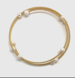 Freshwater White Pearl Gold Wire Wrap Bracelet