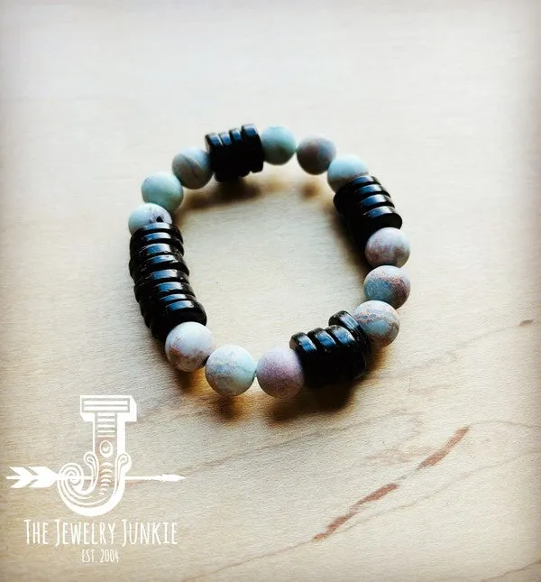 Frosted Aqua Terra and Wood Stretch Bracelet