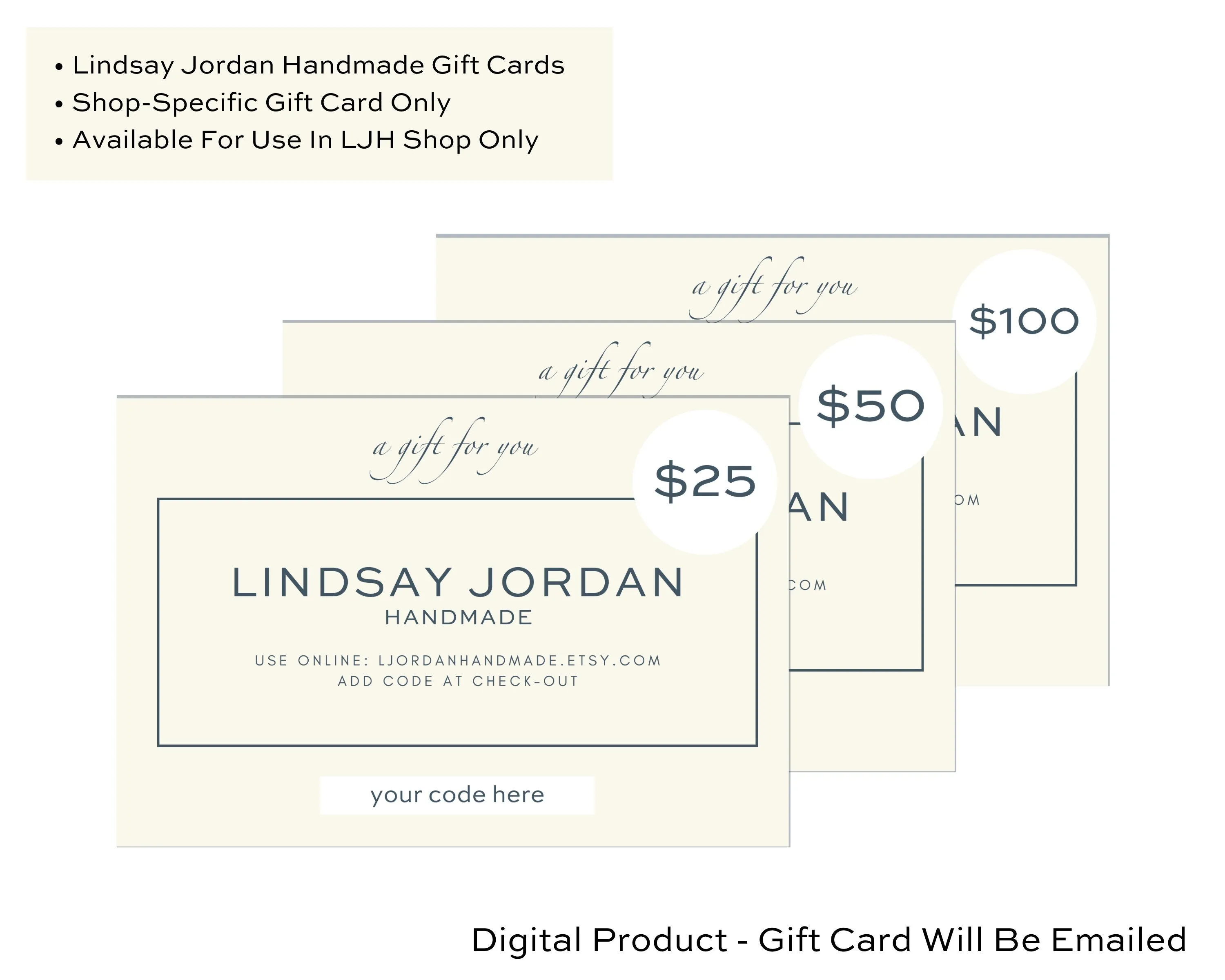 Gift Card - Lindsay Jordan Handmade Shop Gift Card (Available in Multiple Dollar Amounts)