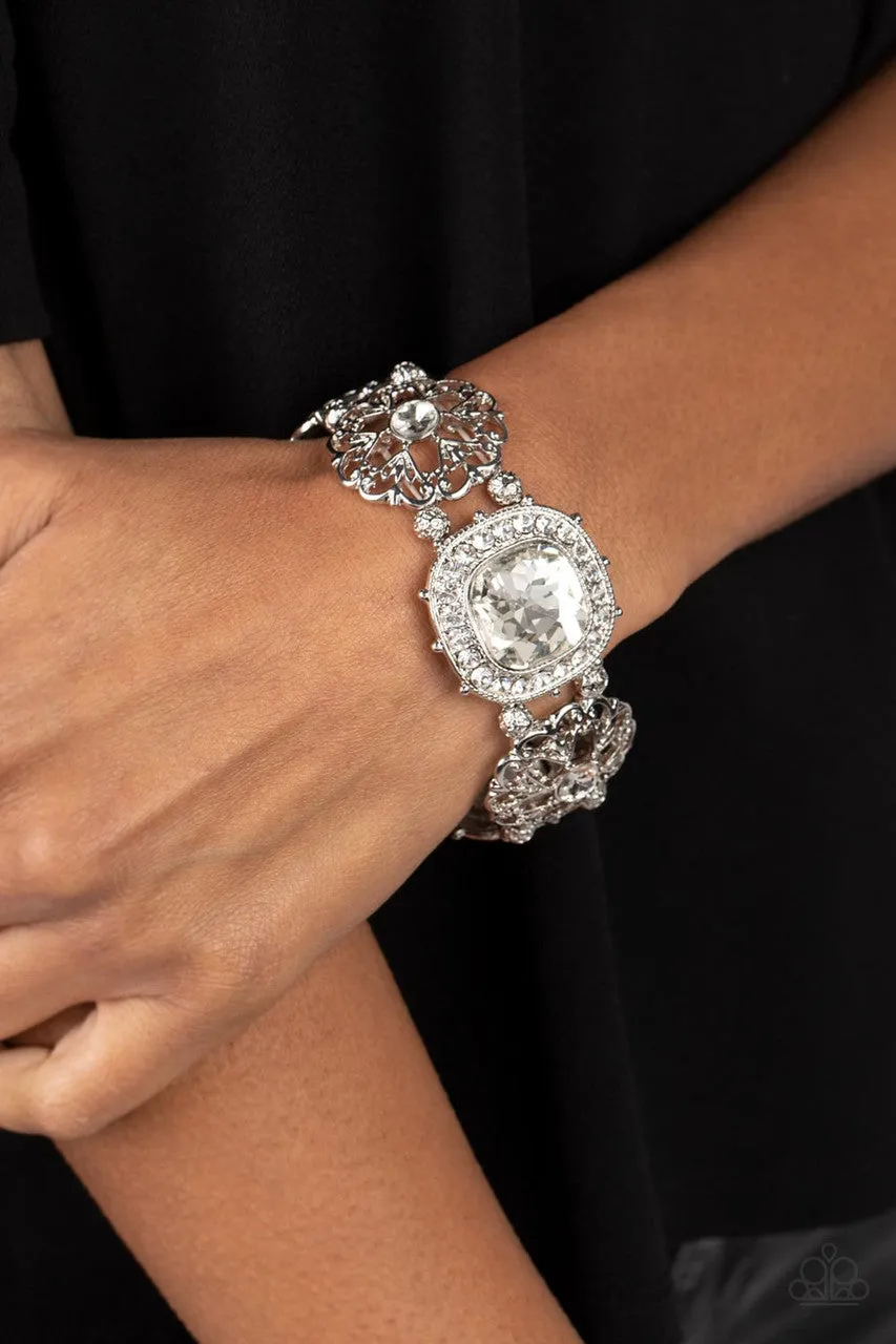 Gilded Gallery - White - Oversized Gem Flower Frame Paparazzi Stretchy Bracelet