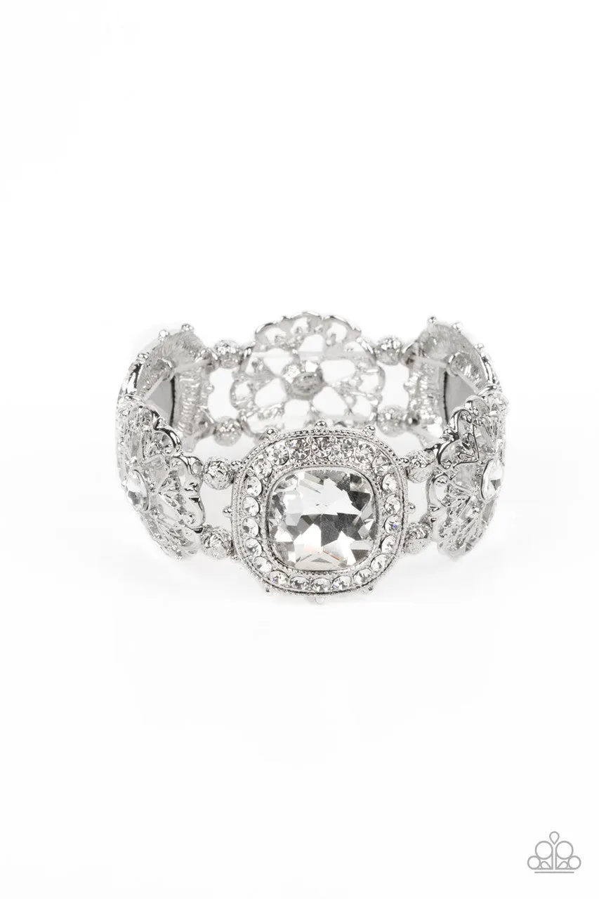 Gilded Gallery - White - Oversized Gem Flower Frame Paparazzi Stretchy Bracelet