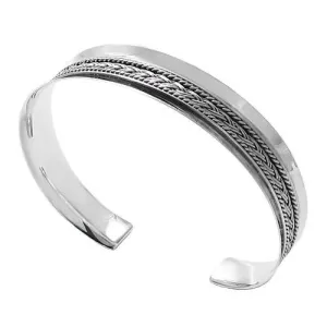 Gorgeous Sterling Silver Concave Braid & Rope 7" Cuff Bangle Bracelet