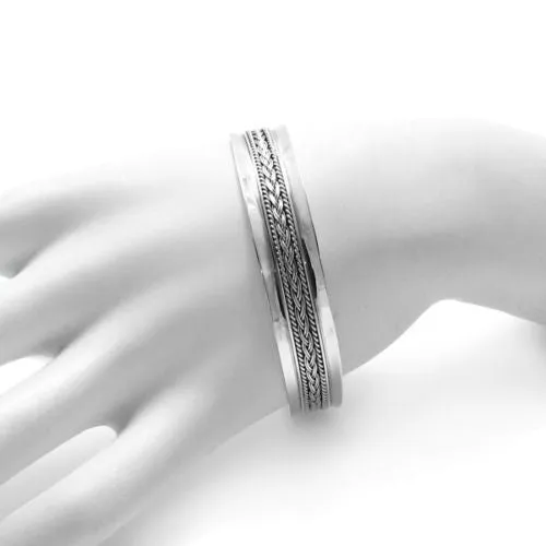 Gorgeous Sterling Silver Concave Braid & Rope 7" Cuff Bangle Bracelet