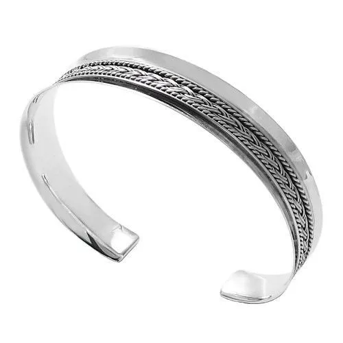 Gorgeous Sterling Silver Concave Braid & Rope 7" Cuff Bangle Bracelet