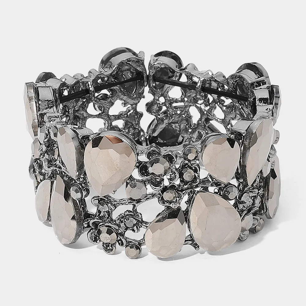 Gray Crystal Teardrop Floral Stretch Bracelet |  651489
