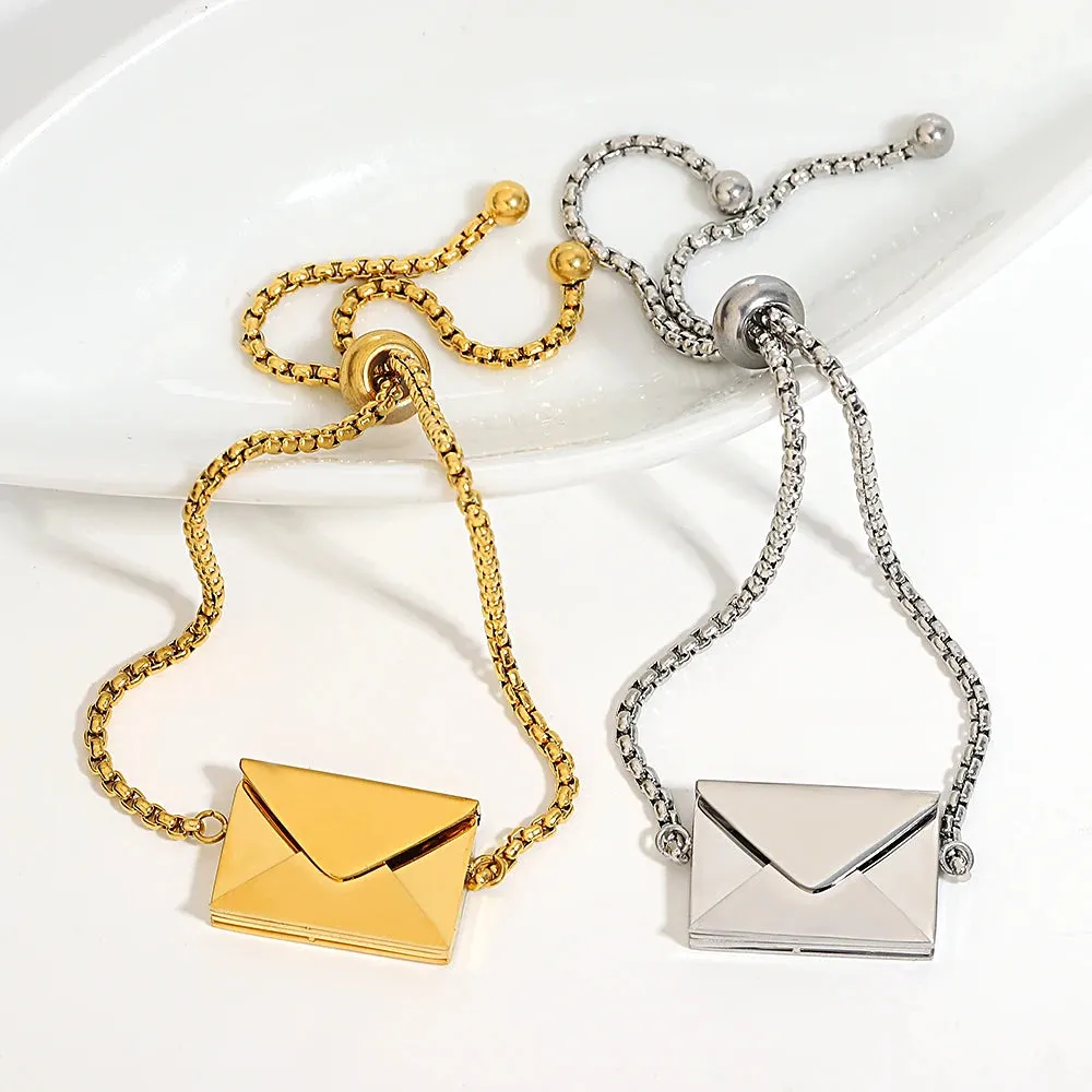 Greatera Stainless Steel Envelope Adjustable Chain Bracelets for Women Men Gold Plated Valentine's Day Lover's Jewelry Gifts