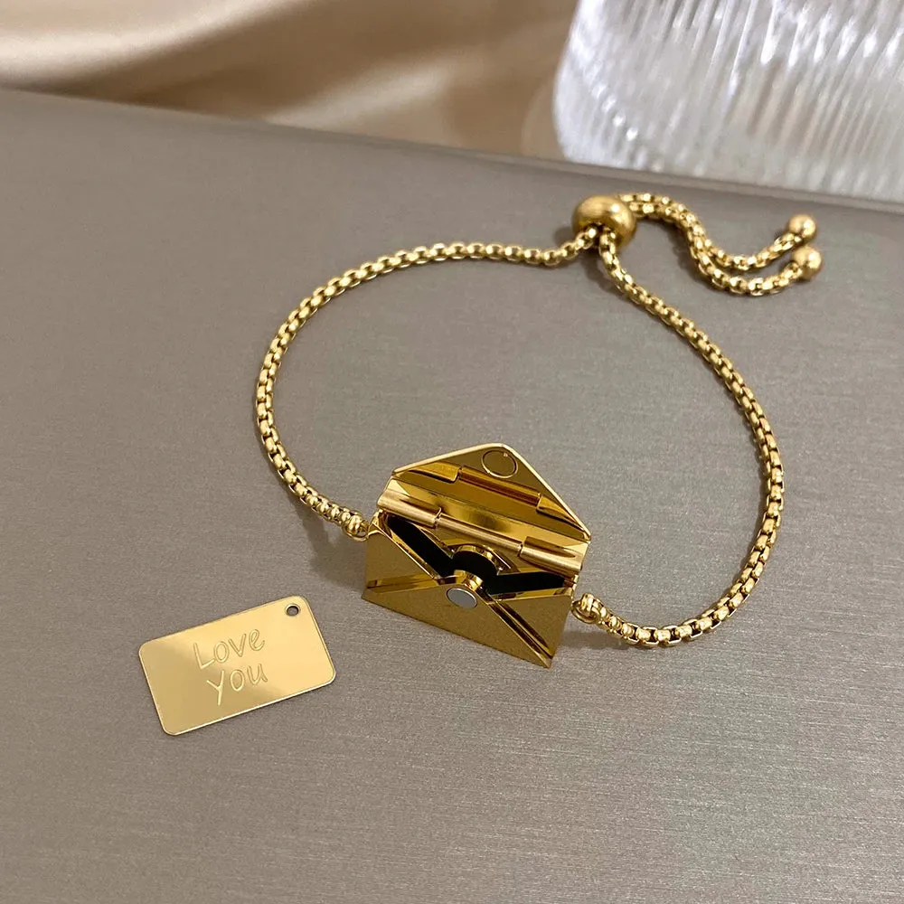 Greatera Stainless Steel Envelope Adjustable Chain Bracelets for Women Men Gold Plated Valentine's Day Lover's Jewelry Gifts