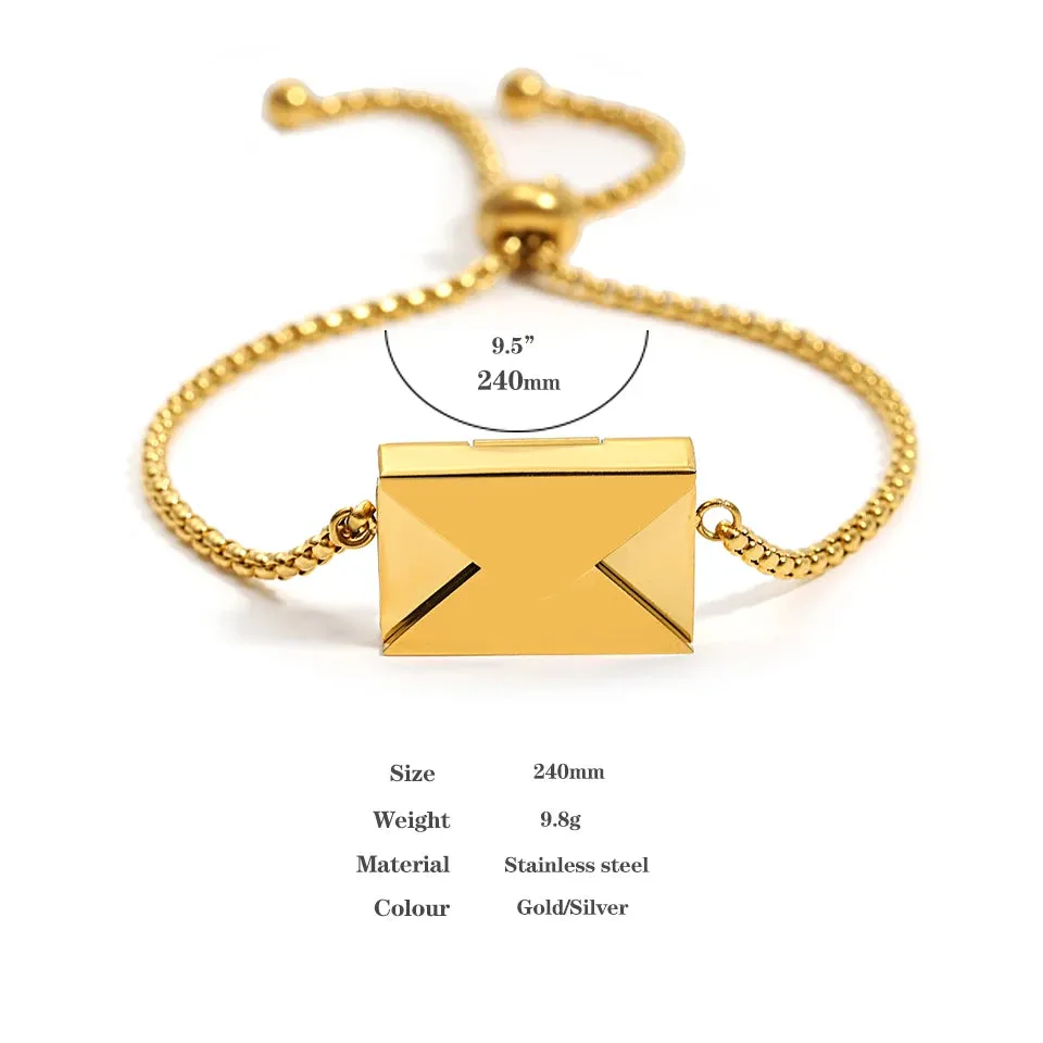 Greatera Stainless Steel Envelope Adjustable Chain Bracelets for Women Men Gold Plated Valentine's Day Lover's Jewelry Gifts