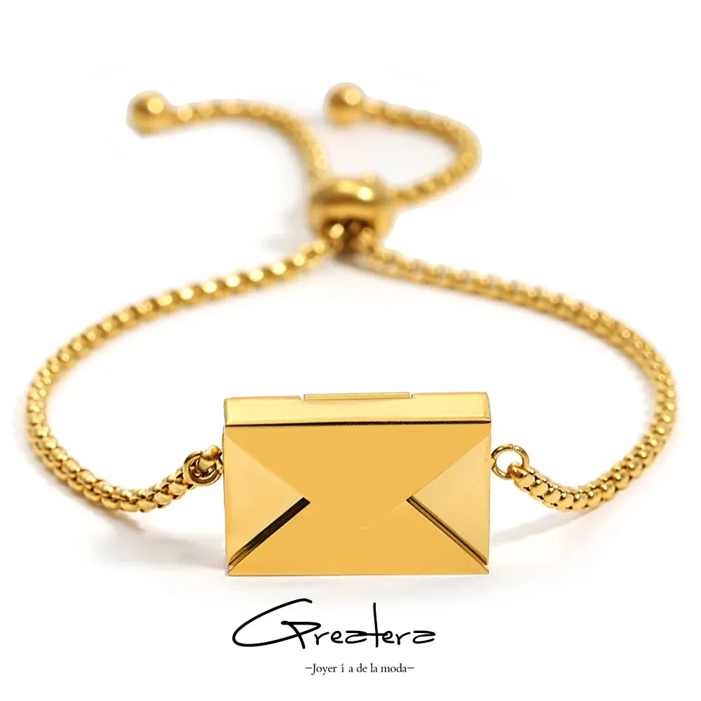 Greatera Stainless Steel Envelope Adjustable Chain Bracelets for Women Men Gold Plated Valentine's Day Lover's Jewelry Gifts