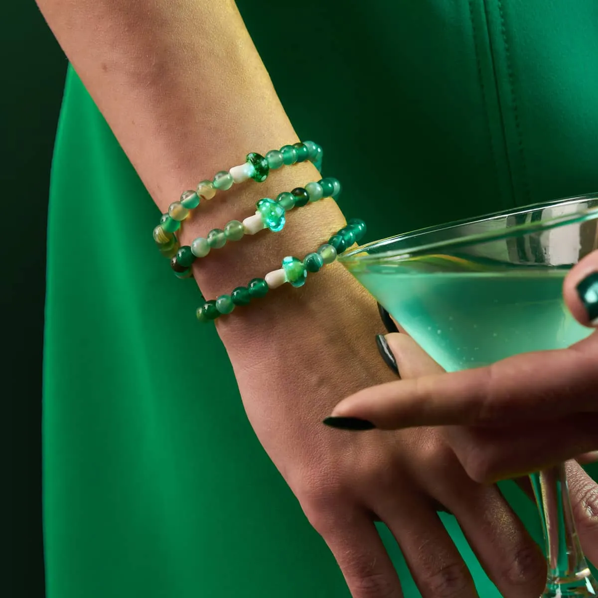 Green Agate | .925 Sterling Silver | Firefly Glass Mushroom Gemstone Bracelet
