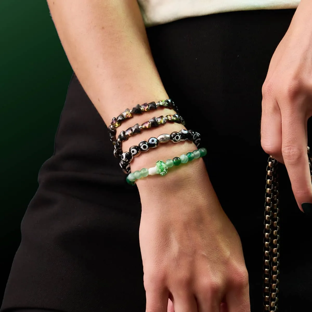 Green Agate | .925 Sterling Silver | Firefly Glass Mushroom Gemstone Bracelet