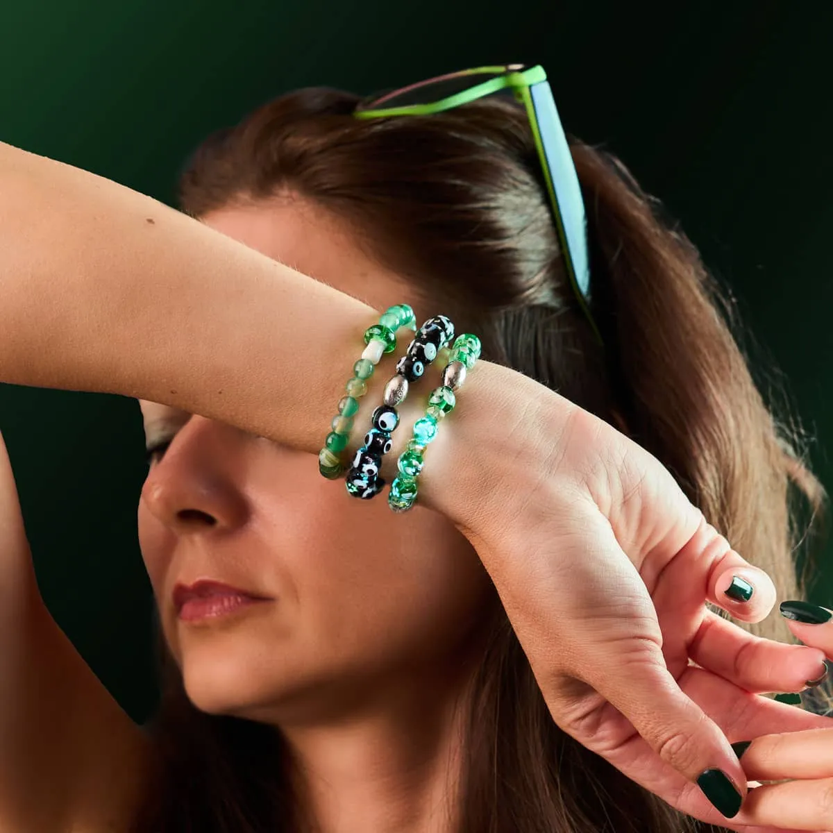 Green Agate | .925 Sterling Silver | Firefly Glass Mushroom Gemstone Bracelet