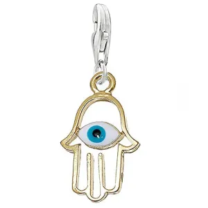 Hamsa Symbol Hand Gold Tone Blue Evil Eye Pattern Clip on Pendant Charm for Bracelet or Necklace