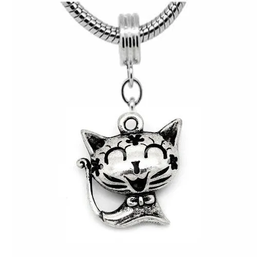 Happy Cat Charm Dangle Charm European Bead Compatible for Most European Snake Chain Bracelet
