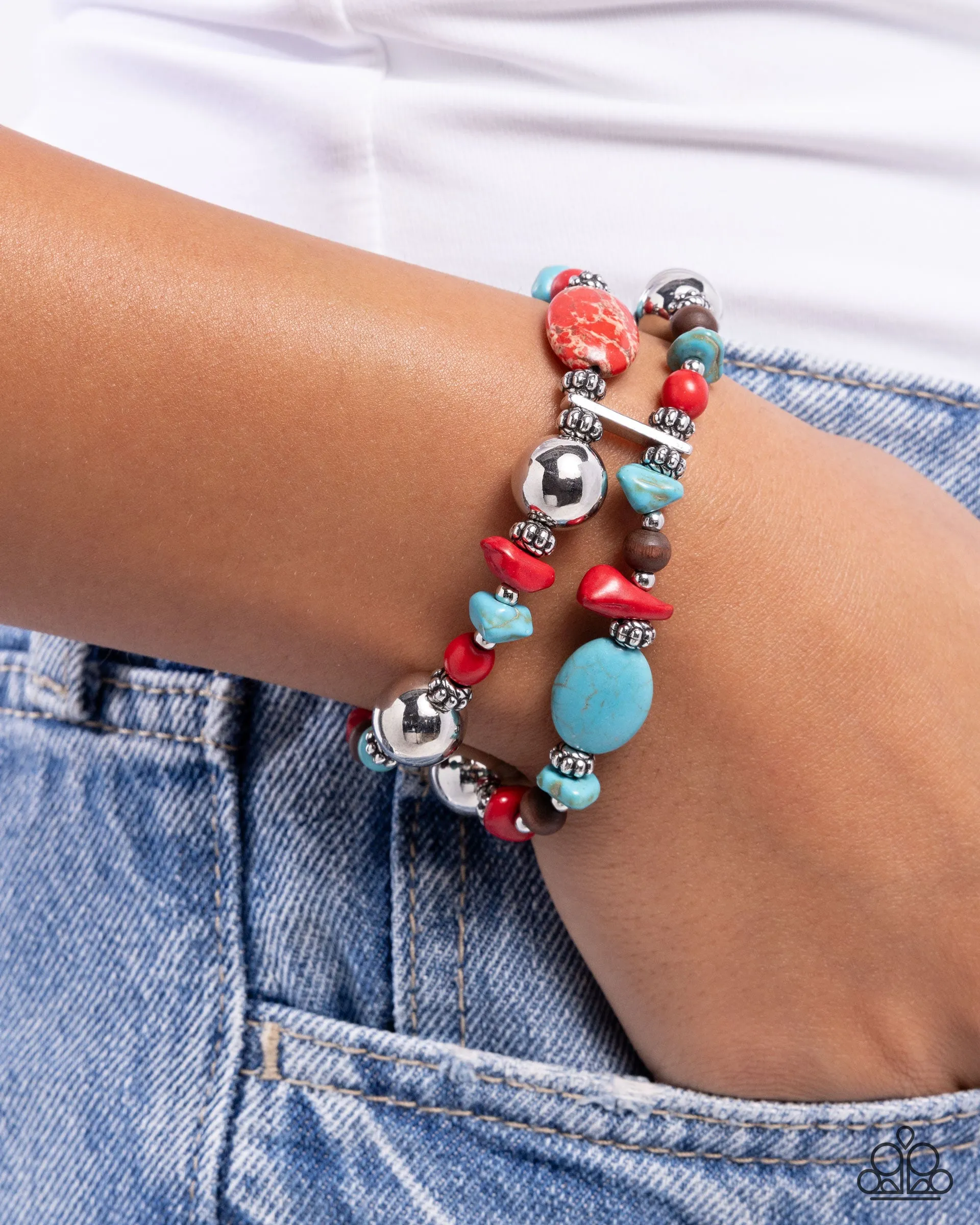 Heroic Harmony - Red - and Turquoise Marbled Stone Brown Wooden Bead Paparazzi Stretchy Bracelet