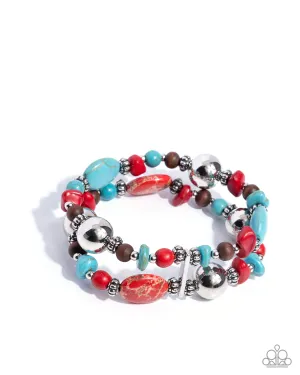 Heroic Harmony - Red - and Turquoise Marbled Stone Brown Wooden Bead Paparazzi Stretchy Bracelet