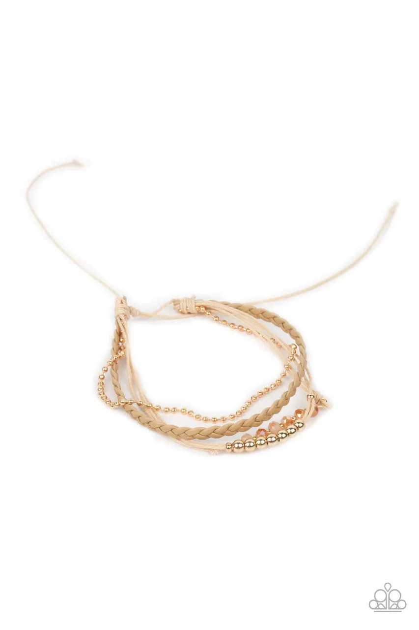 Intergalactic Gamechanger - Gold - Beaded Tan Leather Paparazzi Pull-Cord Bracelet