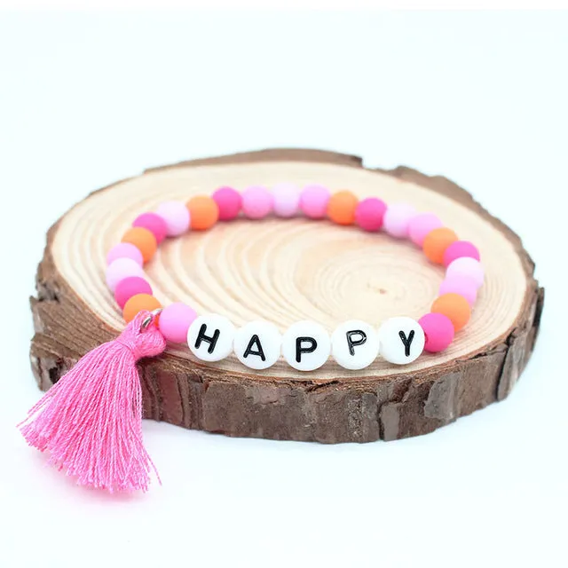 ISINYEE Fashion Colorful Resin Beads Bracelet Happy Smile Letter Bracelet For Kids Candy Color Rope Braided Jewelry Children Day