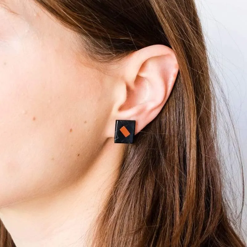 Jet and Coral "Bricks" Rectangular Stud Earrings