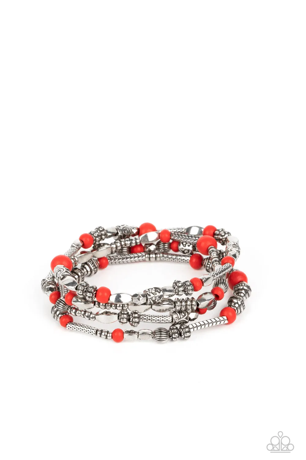 Jungle Jubilee - Red - Wooden and Silver Bead Paparazzi Stretchy Bracelet