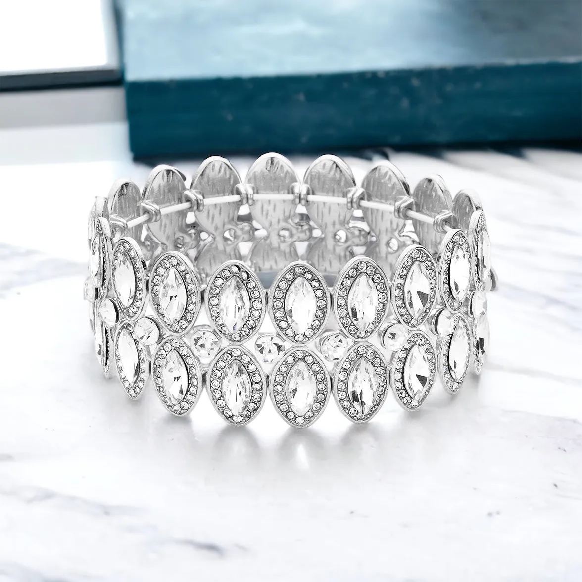KAYLA - clear silver marquise stretch rhinestone bracelet