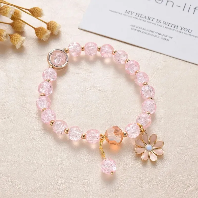 Korean Shell Daisy Crystal Beaded Bracelet For Elegant Ladies Elastic Adjustable Charm Bracelet Jewelry Party Anniversary Gifts