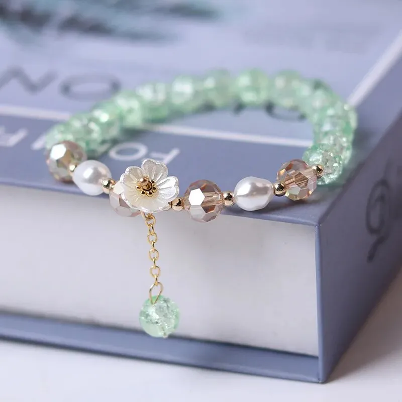 Korean Shell Daisy Crystal Beaded Bracelet For Elegant Ladies Elastic Adjustable Charm Bracelet Jewelry Party Anniversary Gifts