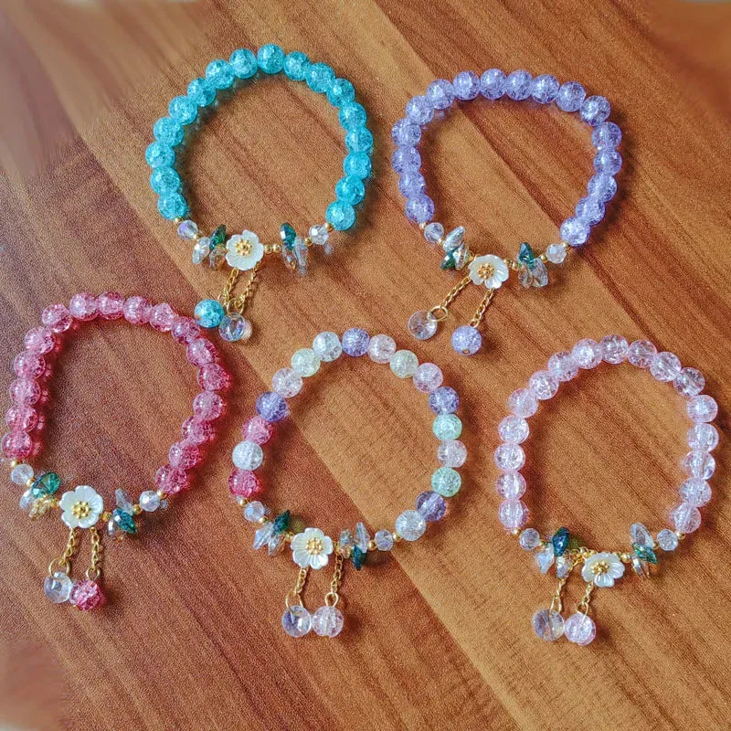 Korean Shell Daisy Crystal Beaded Bracelet For Elegant Ladies Elastic Adjustable Charm Bracelet Jewelry Party Anniversary Gifts
