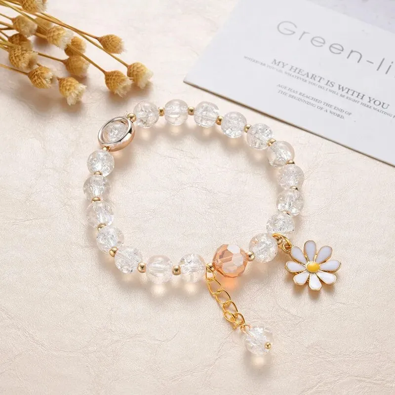 Korean Shell Daisy Crystal Beaded Bracelet For Elegant Ladies Elastic Adjustable Charm Bracelet Jewelry Party Anniversary Gifts