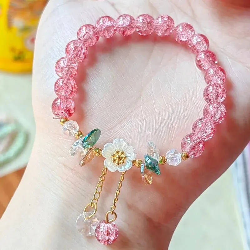 Korean Shell Daisy Crystal Beaded Bracelet For Elegant Ladies Elastic Adjustable Charm Bracelet Jewelry Party Anniversary Gifts