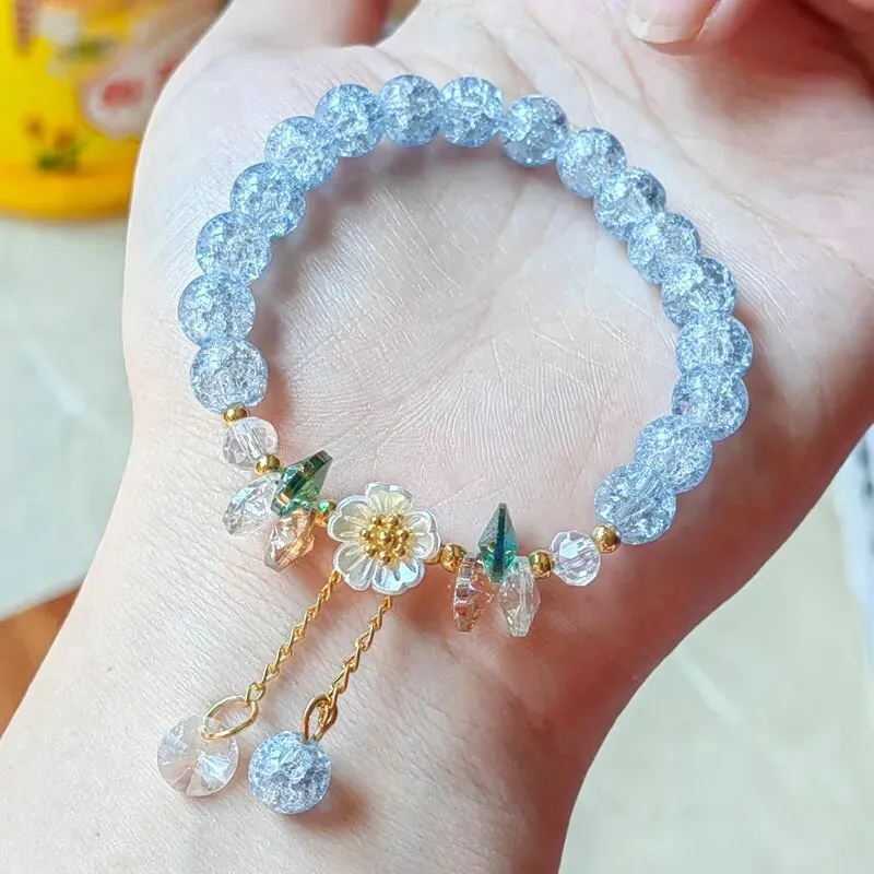 Korean Shell Daisy Crystal Beaded Bracelet For Elegant Ladies Elastic Adjustable Charm Bracelet Jewelry Party Anniversary Gifts