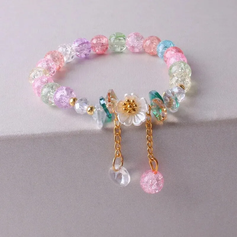 Korean Shell Daisy Crystal Beaded Bracelet For Elegant Ladies Elastic Adjustable Charm Bracelet Jewelry Party Anniversary Gifts