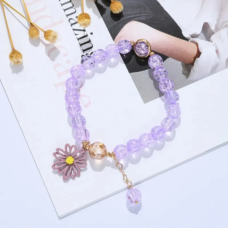 Korean Shell Daisy Crystal Beaded Bracelet For Elegant Ladies Elastic Adjustable Charm Bracelet Jewelry Party Anniversary Gifts