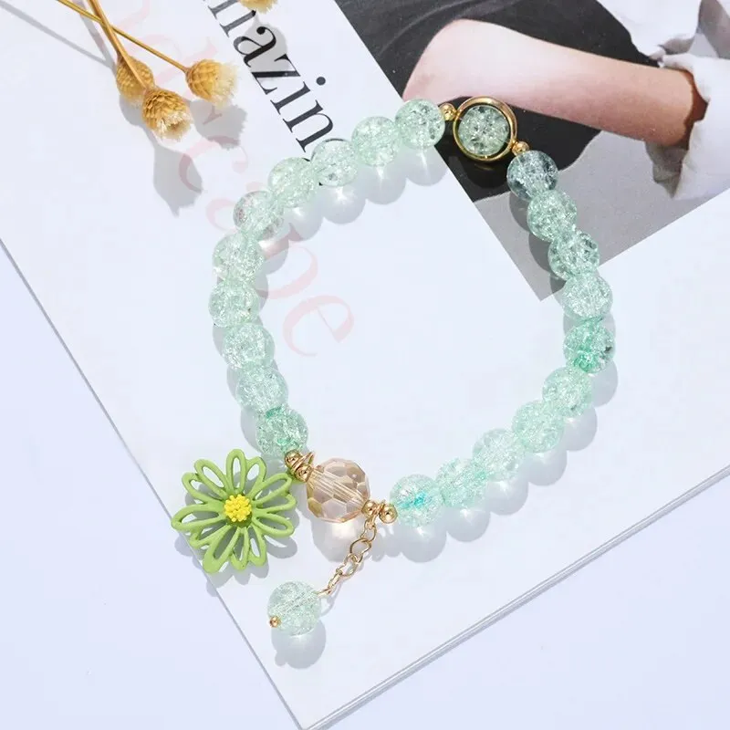 Korean Shell Daisy Crystal Beaded Bracelet For Elegant Ladies Elastic Adjustable Charm Bracelet Jewelry Party Anniversary Gifts