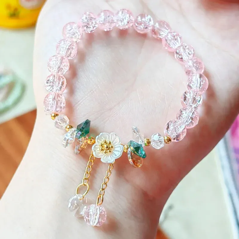 Korean Shell Daisy Crystal Beaded Bracelet For Elegant Ladies Elastic Adjustable Charm Bracelet Jewelry Party Anniversary Gifts