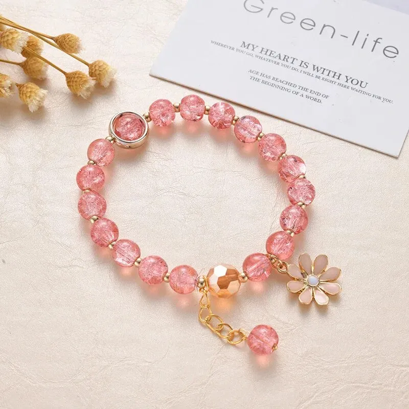 Korean Shell Daisy Crystal Beaded Bracelet For Elegant Ladies Elastic Adjustable Charm Bracelet Jewelry Party Anniversary Gifts