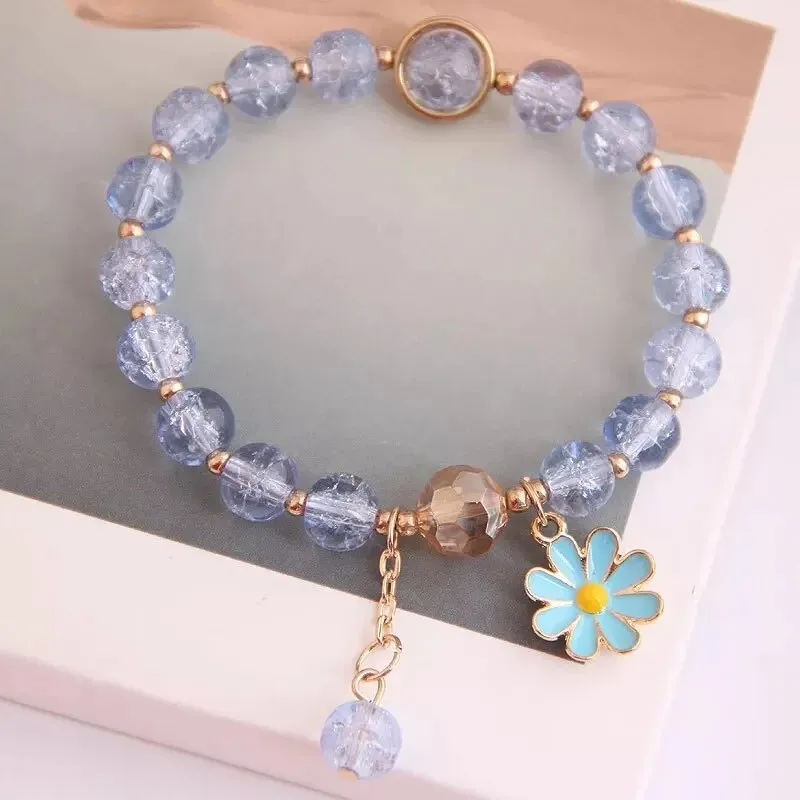 Korean Shell Daisy Crystal Beaded Bracelet For Elegant Ladies Elastic Adjustable Charm Bracelet Jewelry Party Anniversary Gifts