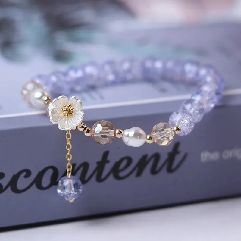 Korean Shell Daisy Crystal Beaded Bracelet For Elegant Ladies Elastic Adjustable Charm Bracelet Jewelry Party Anniversary Gifts