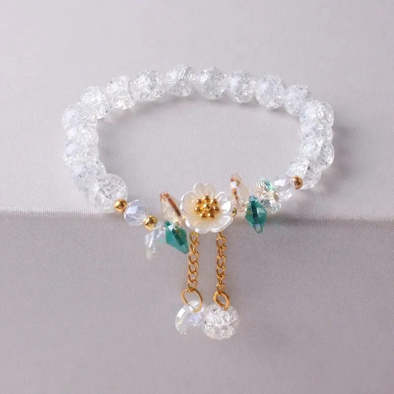 Korean Shell Daisy Crystal Beaded Bracelet For Elegant Ladies Elastic Adjustable Charm Bracelet Jewelry Party Anniversary Gifts