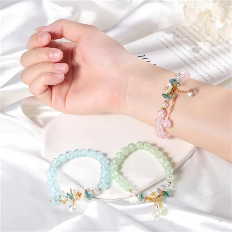 Korean Shell Daisy Crystal Beaded Bracelet For Elegant Ladies Elastic Adjustable Charm Bracelet Jewelry Party Anniversary Gifts