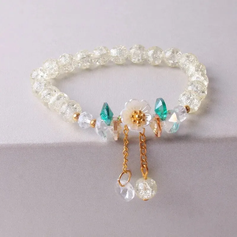 Korean Shell Daisy Crystal Beaded Bracelet For Elegant Ladies Elastic Adjustable Charm Bracelet Jewelry Party Anniversary Gifts
