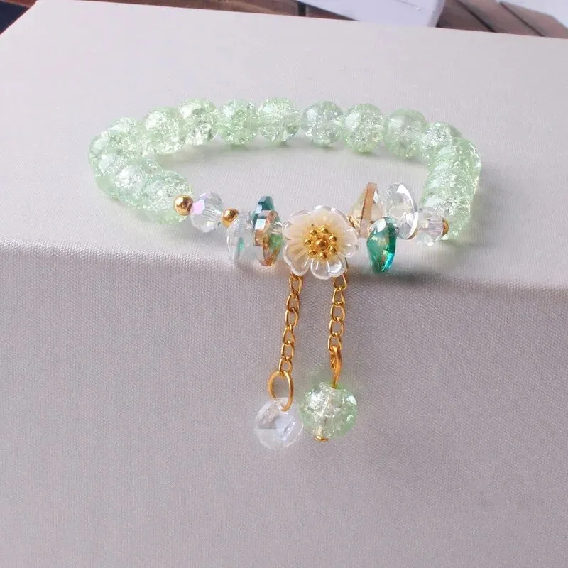 Korean Shell Daisy Crystal Beaded Bracelet For Elegant Ladies Elastic Adjustable Charm Bracelet Jewelry Party Anniversary Gifts